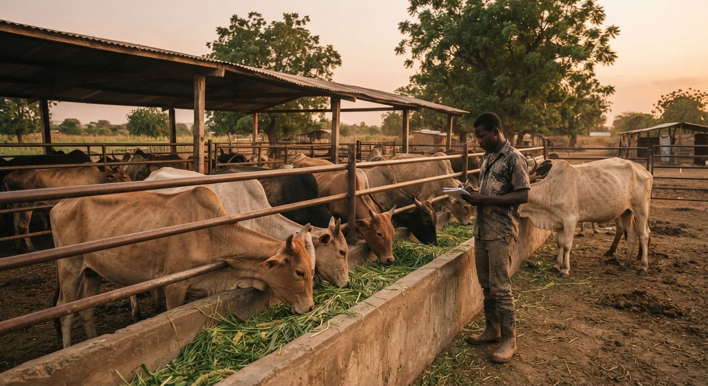 A small Ghanaian cattle finishing yard at dusk, twenty lean northern zebu bulls at a long concrete feed trough filling out on cut fodder, a young operator with a notebook checking body condition, corrugated shade roof and neem trees behind, documentary photojournalism, golden hour light