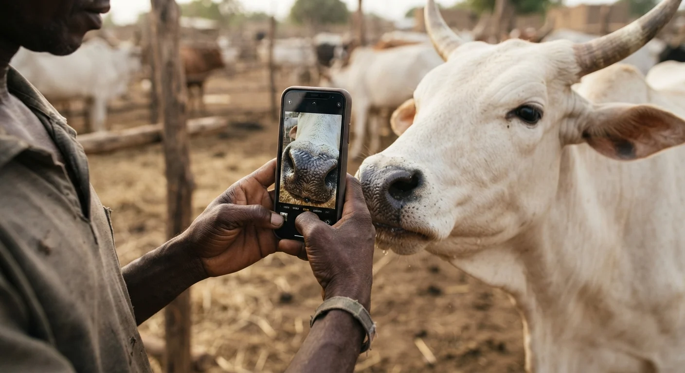 A close-up of a Ghanaian herder's hands holding a smartphone up to photograph the wet muzzle of a white Sanga cow, the muzzle's ridge pattern sharp on the phone screen, the animal calm in a kraal, documentary photojournalism, soft natural light, shallow depth of field