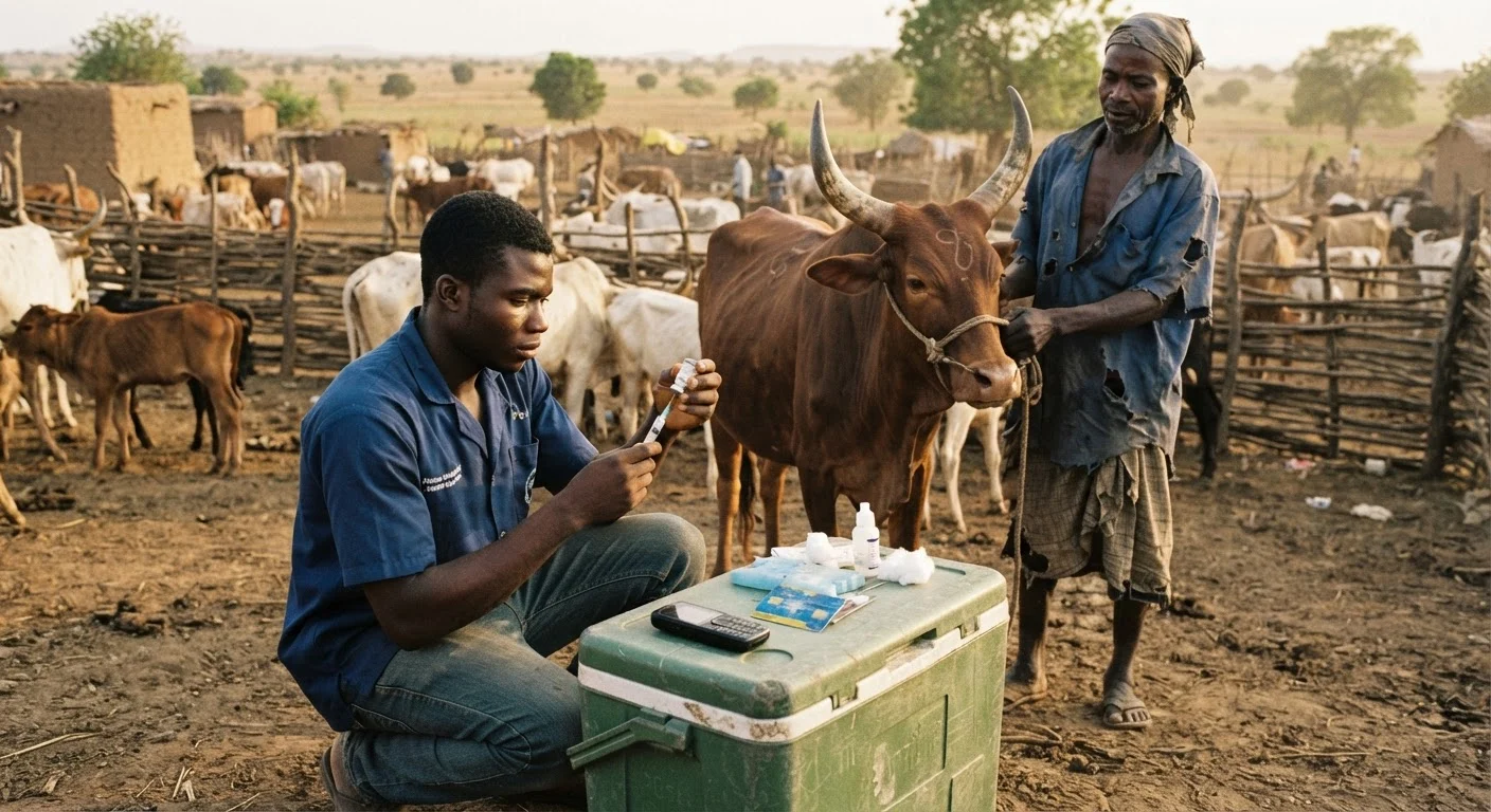 A young Ghanaian mobile agrovet agent kneeling beside a Sanga cow in a village kraal, drawing a vaccine into a syringe from a cool box, a herder holding the animal steady, a basic feature phone and a tap-card on the cool box lid, documentary photojournalism, dusty savannah light