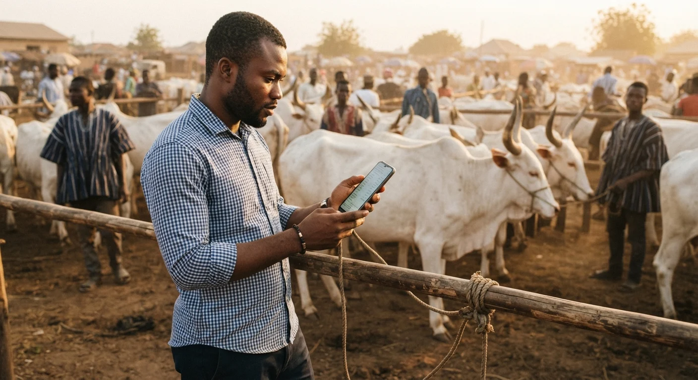 A young Ghanaian cattle entrepreneur in a checked shirt standing at the rail of a northern livestock market at Tamale, holding a smartphone showing a price list, herds of white Sanga cattle and traders behind him, documentary photojournalism, warm early-morning light, shallow depth of field