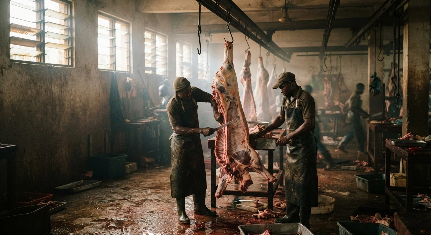 The interior of a Ghanaian abattoir hall at dawn, wet concrete floor, a dressed beef carcass hanging on a rail while workers in aprons and gumboots section it by hand, no chiller in sight, high louvred windows throwing shafts of light through the steam, documentary photograph, muted earthy palette, natural light, no text, no watermark