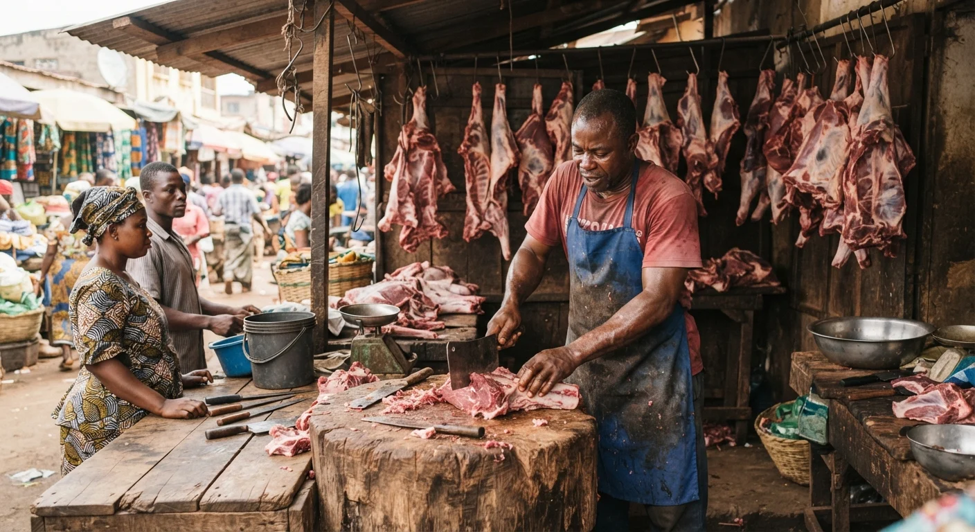 An open-air butcher's stall in a busy Accra market, a butcher in a stained apron cleaving warm beef on a scarred wooden block, unchilled cuts hung on hooks behind him under a corrugated roof, customers waiting at the counter, documentary photograph, rich warm tones, dappled natural light, no text, no watermark