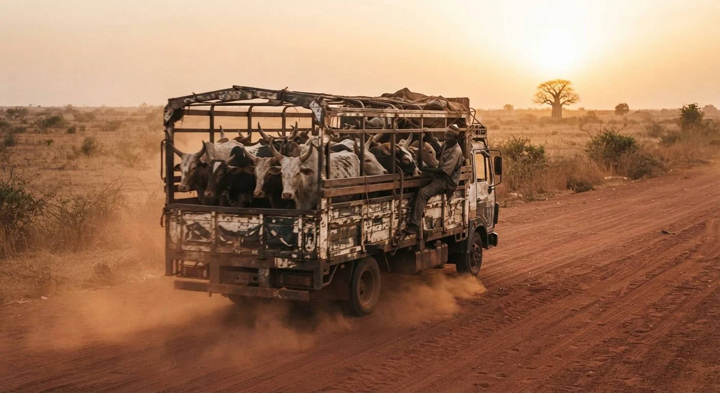 A battered open-sided cattle lorry loaded with zebu cattle standing shoulder to shoulder on a red laterite highway in northern Ghana at dusk, dust hanging in the low sun, a drover perched on the rail above the animals, savannah scrub and a distant baobab on the horizon, documentary photograph, warm earthy tones, natural light, no text, no watermark