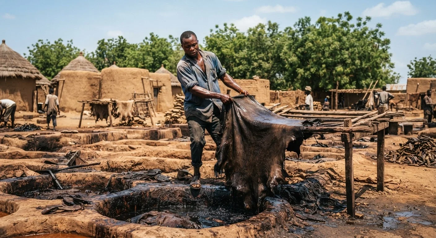 Artisanal vegetable tanning pits dug in the open ground near Bolgatanga in northern Ghana, cow hides steeping in dark acacia-pod liquor, a tanner in a rolled-up shirt hauling a wet hide from a pit onto a drying rack, mud walls and neem trees behind, documentary photograph, warm ochre and umber tones, hard midday light, no text, no watermark