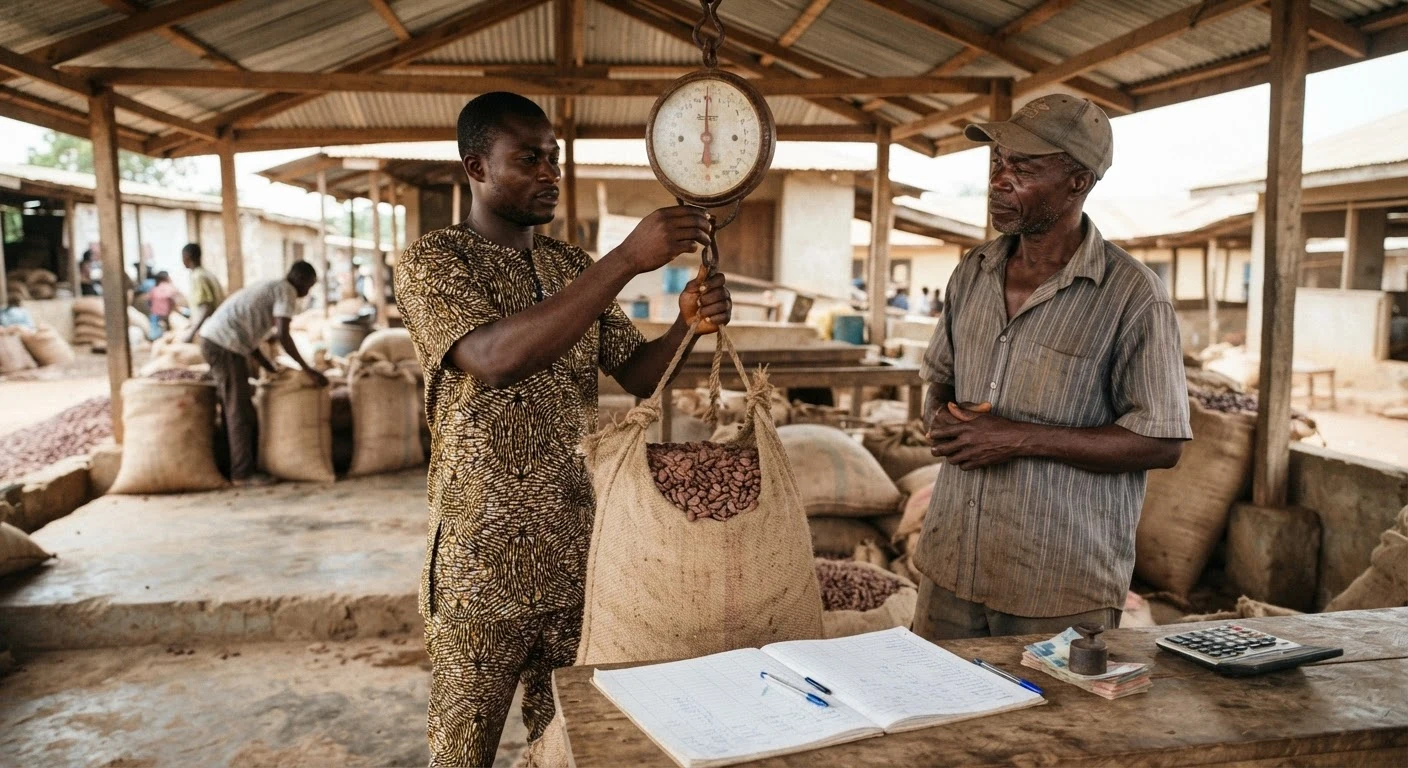 A Ghanaian cocoa buying clerk weighing a jute sack of dried cocoa beans on a hanging scale at a rural licensed buying company shed, a farmer watching, a ledger book and cedi banknotes on a wooden table, documentary photograph