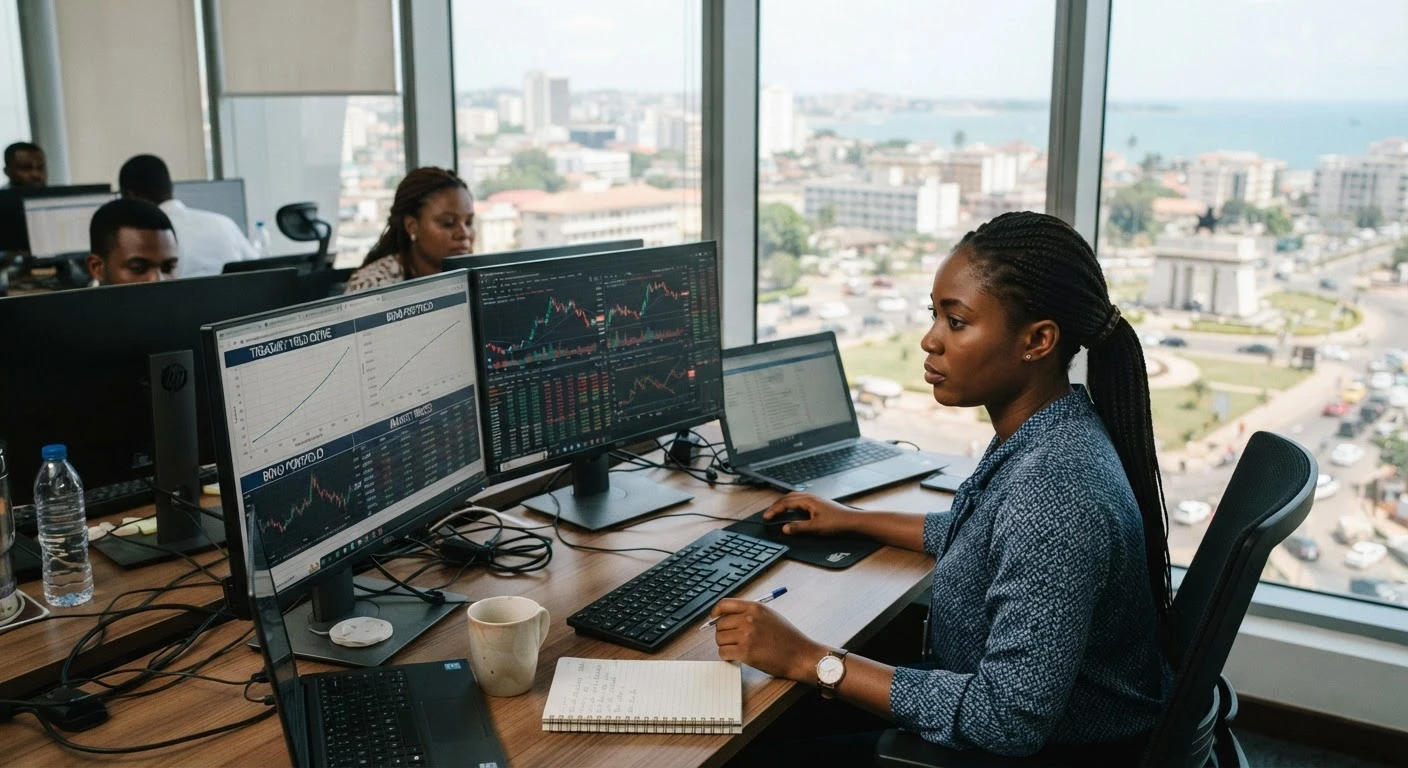 A Ghanaian financial analyst at a trading desk reviewing bond and treasury documents on a monitor in an office, Accra skyline through the window, documentary photograph