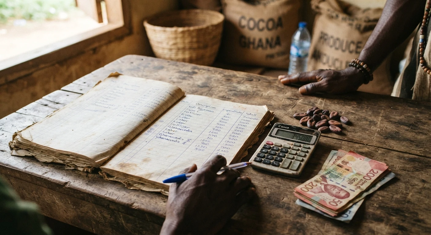 A Ghanaian cocoa farmer's worn field ledger open on a table with handwritten cost entries, a calculator, cedi banknotes and dried cocoa beans, documentary photograph