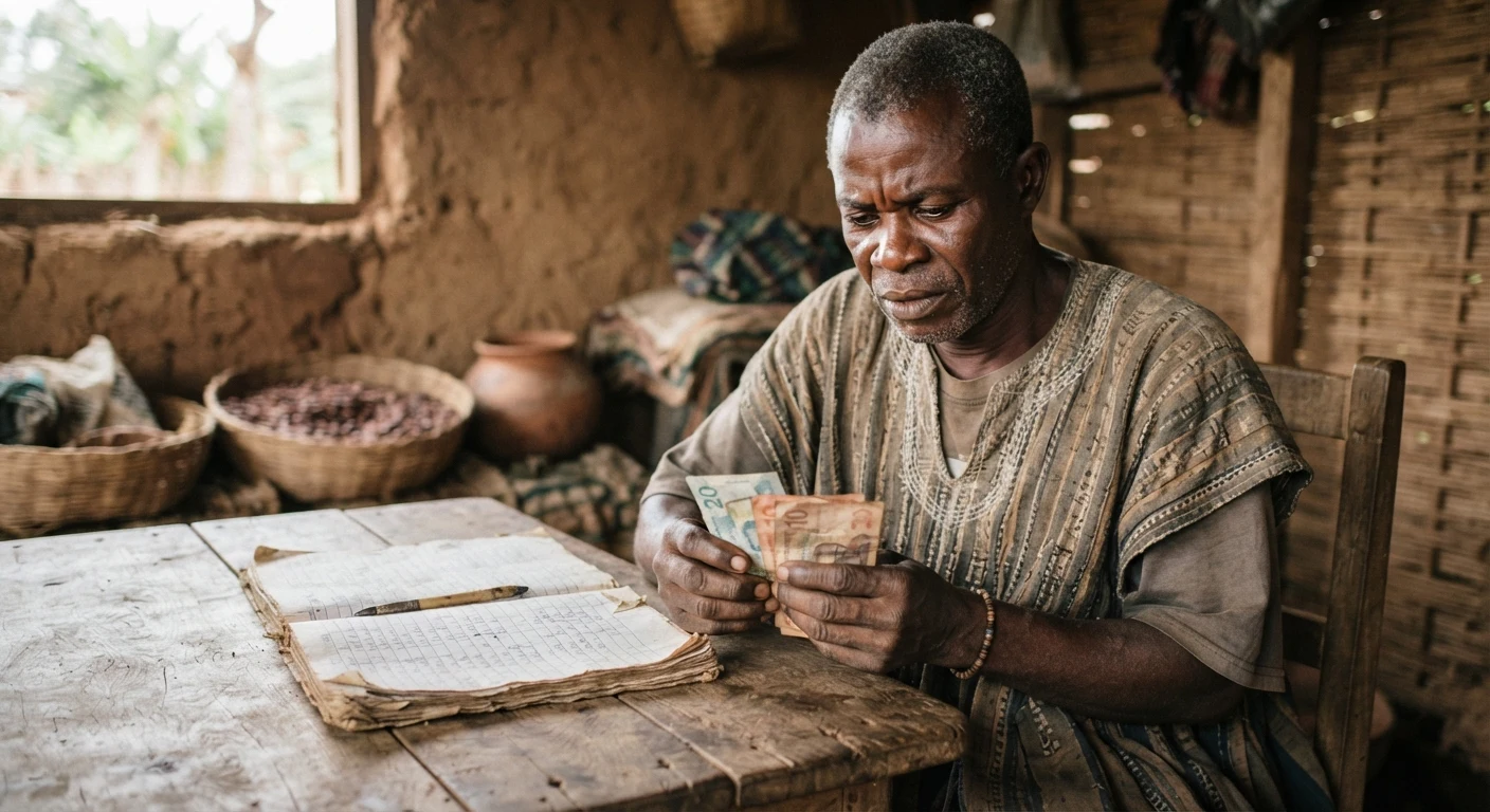 A Ghanaian cocoa farmer counting a small stack of cedi banknotes at a table, a worn ledger book open beside him, documentary photograph