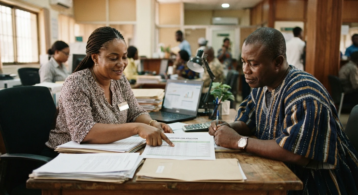 A Ghanaian bank loan officer and a cocoa cooperative manager reviewing loan documents together at a desk in a bank branch, documentary photograph