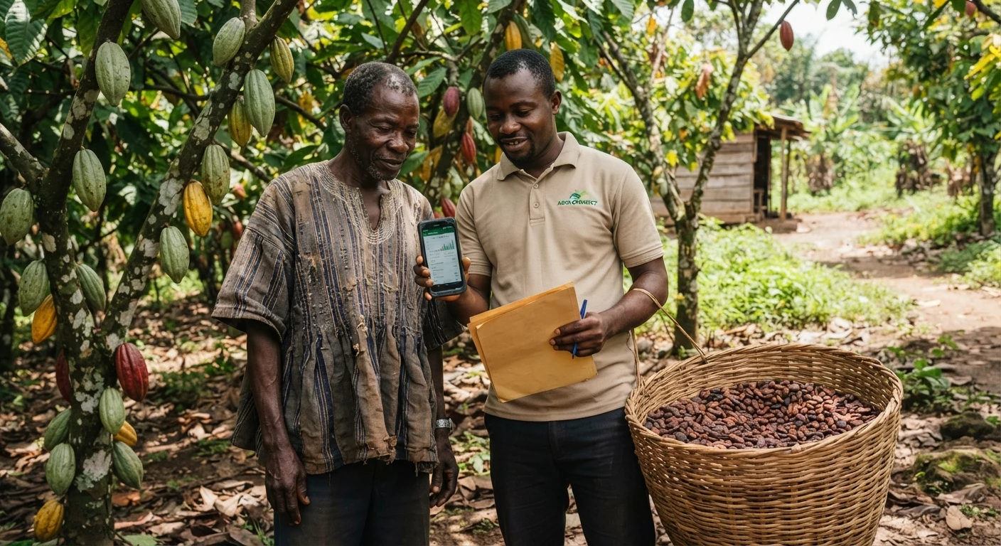 A Ghanaian cocoa farmer and a field agent standing in a cocoa farm looking at a smartphone showing a farm record app, documentary photograph