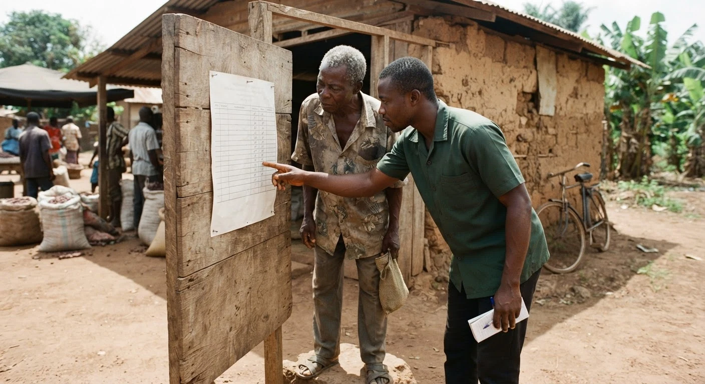 A Ghanaian cocoa farmer and a licensed buying company clerk looking closely at a newly posted price circular pinned to a notice board outside a rural purchasing shed, documentary photograph