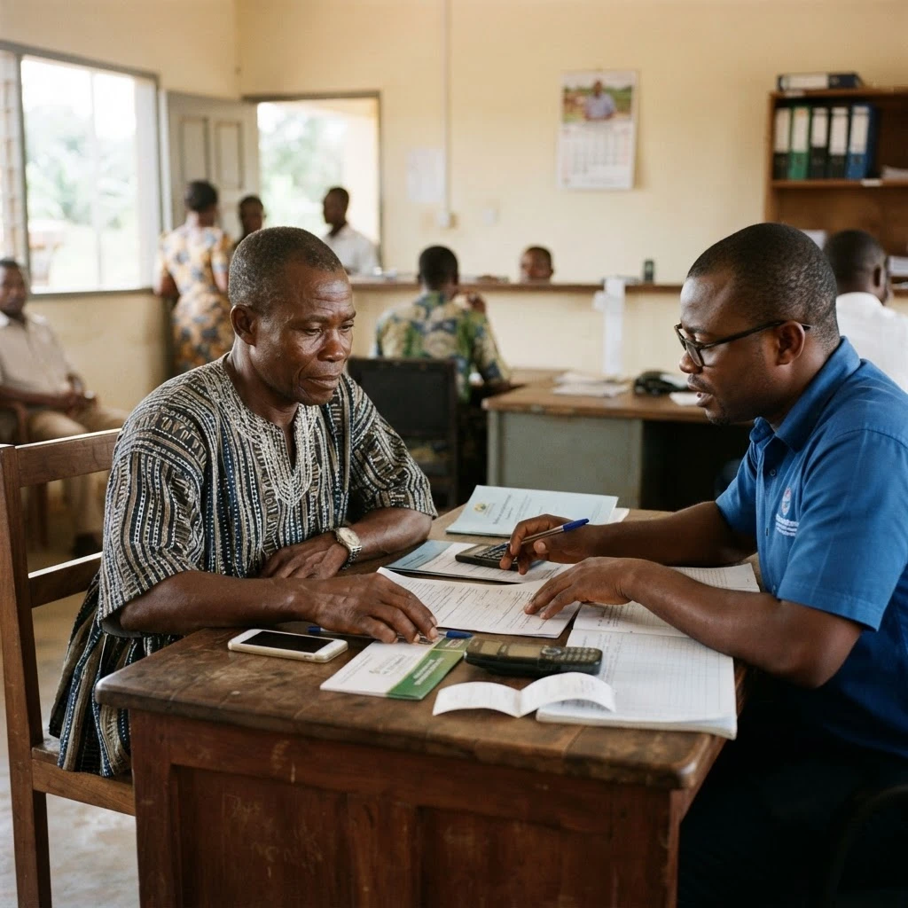 A Ghanaian cocoa farmer and a loan officer reviewing paperwork and a calculator at a desk, documentary photograph
