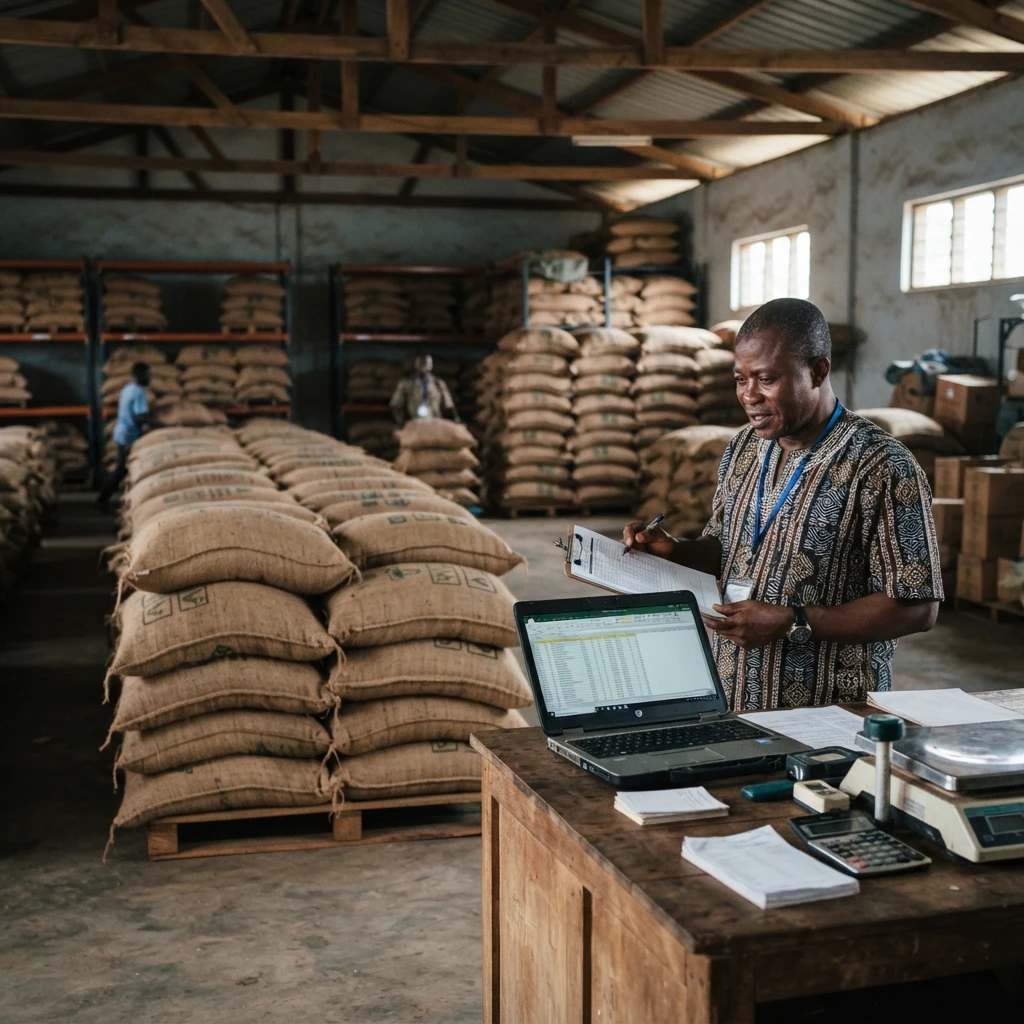 A Ghanaian warehouse worker recording stacked jute sacks of cocoa beans on a laptop and clipboard, documentary photograph