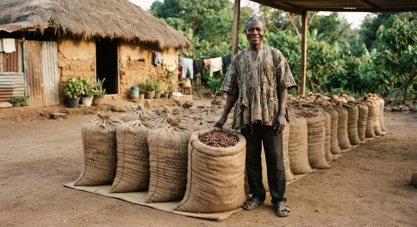 A Ghanaian cocoa farmer standing beside a season's worth of harvested cocoa beans in several full jute sacks lined up outside his home, documentary photograph