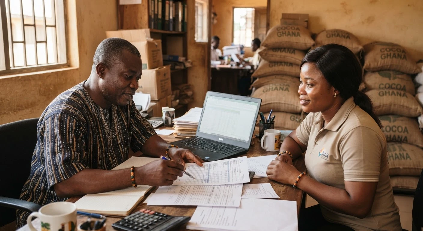 A Ghanaian cocoa cooperative manager and a bank loan officer reviewing financing documents at a desk, stacked jute sacks of cocoa beans in the background, documentary photograph