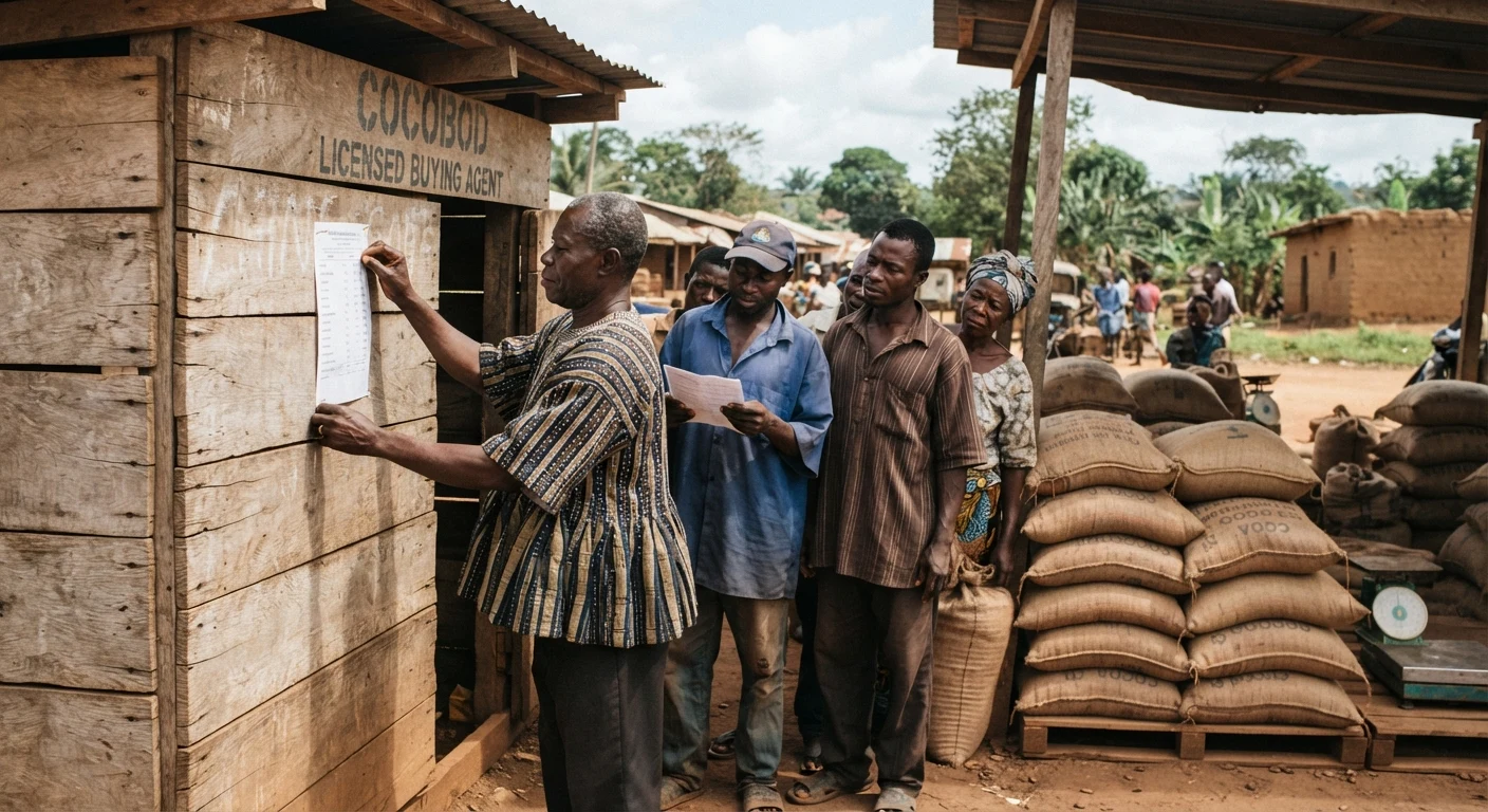 A COCOBOD buying clerk pinning a printed price circular to a wooden board outside a purchasing shed, farmers reading it over his shoulder, sacks of cocoa beans stacked nearby, documentary photograph