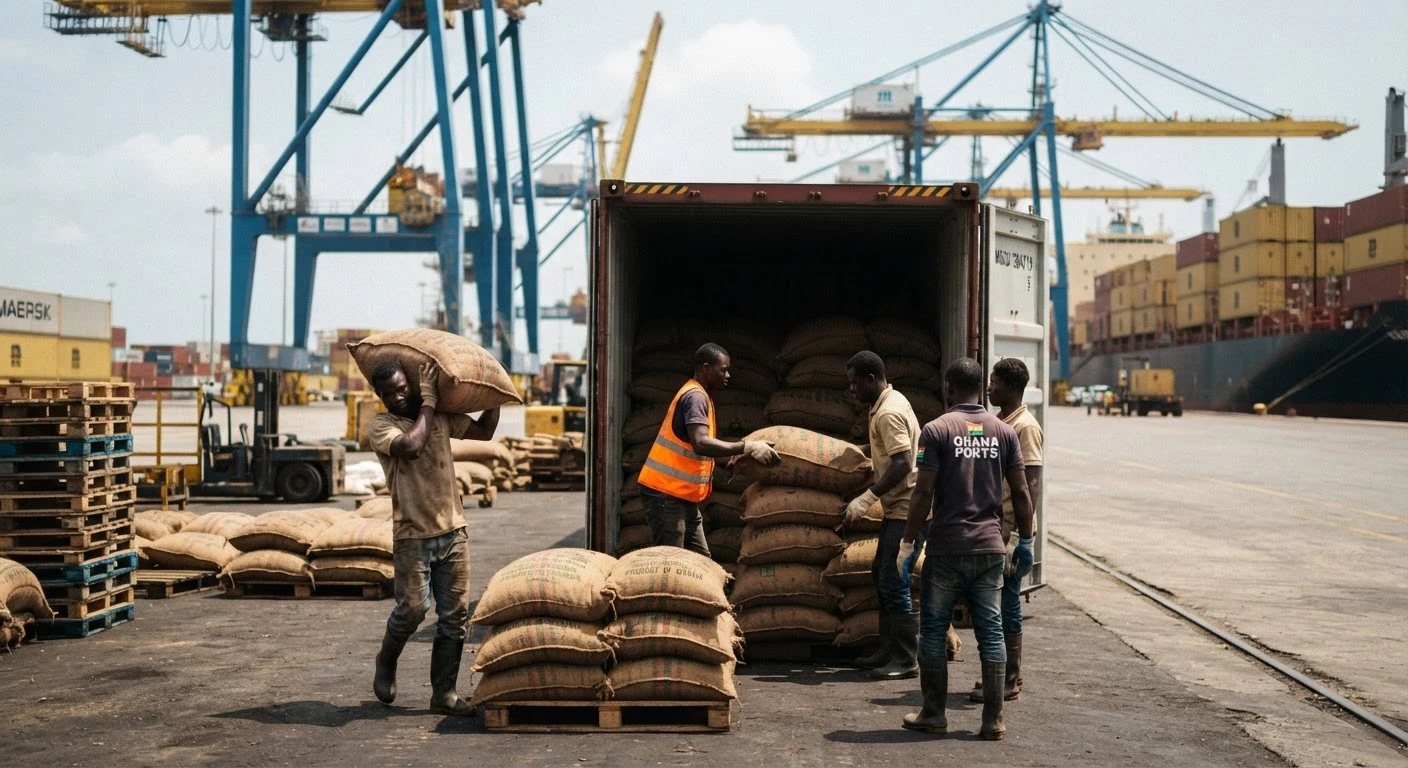Dock workers loading stacked jute sacks of cocoa beans into a shipping container at a busy Ghanaian port, cranes and container ships in the background, documentary photograph