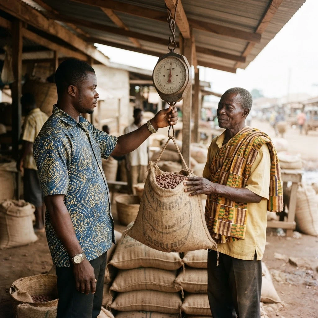A COCOBOD buying clerk weighing a farmer's sack of cocoa beans on a hanging scale at a village market buying station, stacked jute sacks beside them, documentary photograph