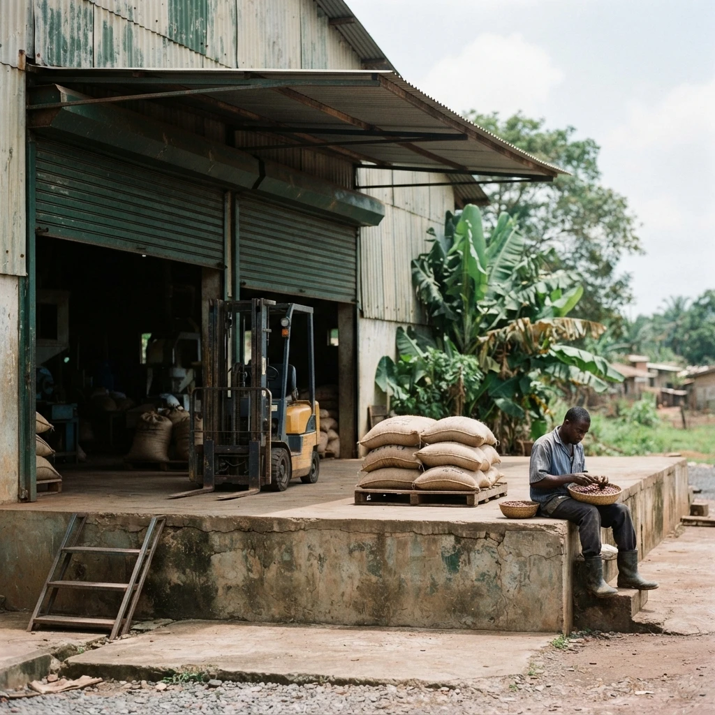 A worker sorting cocoa beans in a basket outside an idle grinding warehouse, a forklift parked in the open bay behind him, documentary photograph
