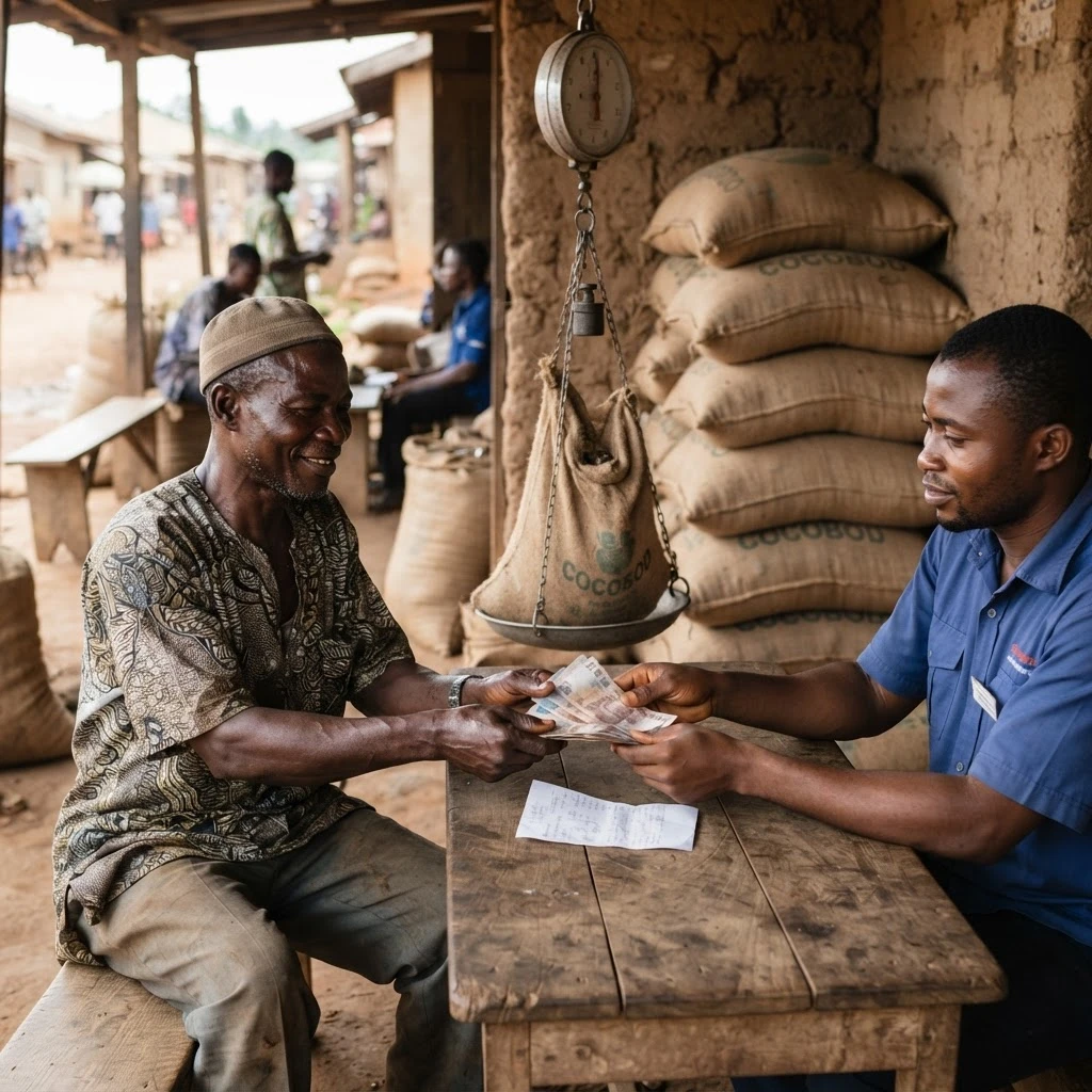 A Ghanaian cocoa farmer and a buying clerk exchanging cash and a paper receipt over a table beside a hanging scale and stacked COCOBOD sacks, documentary photograph