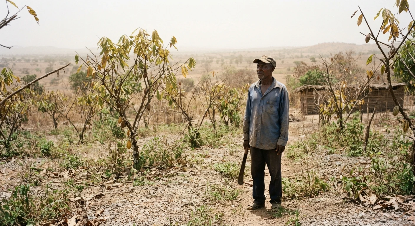 A farmer standing among heat-stressed, sparse cocoa trees on the drier northern fringe of Ghana's cocoa belt under a hazy sun, documentary photograph
