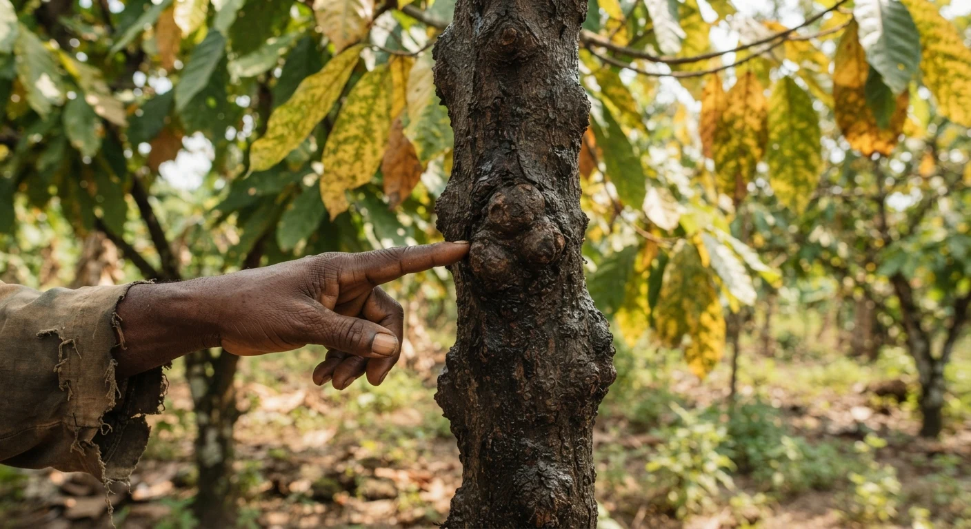 A close-up of a cocoa tree trunk showing swollen shoot virus disease symptoms, a farmer's hand pointing at the lesion, documentary photograph