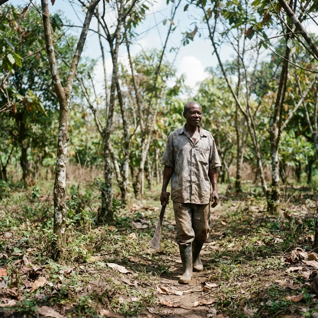 A Ghanaian cocoa farmer holding a machete walking through an ageing cocoa grove with scattered dry leaves, documentary photograph