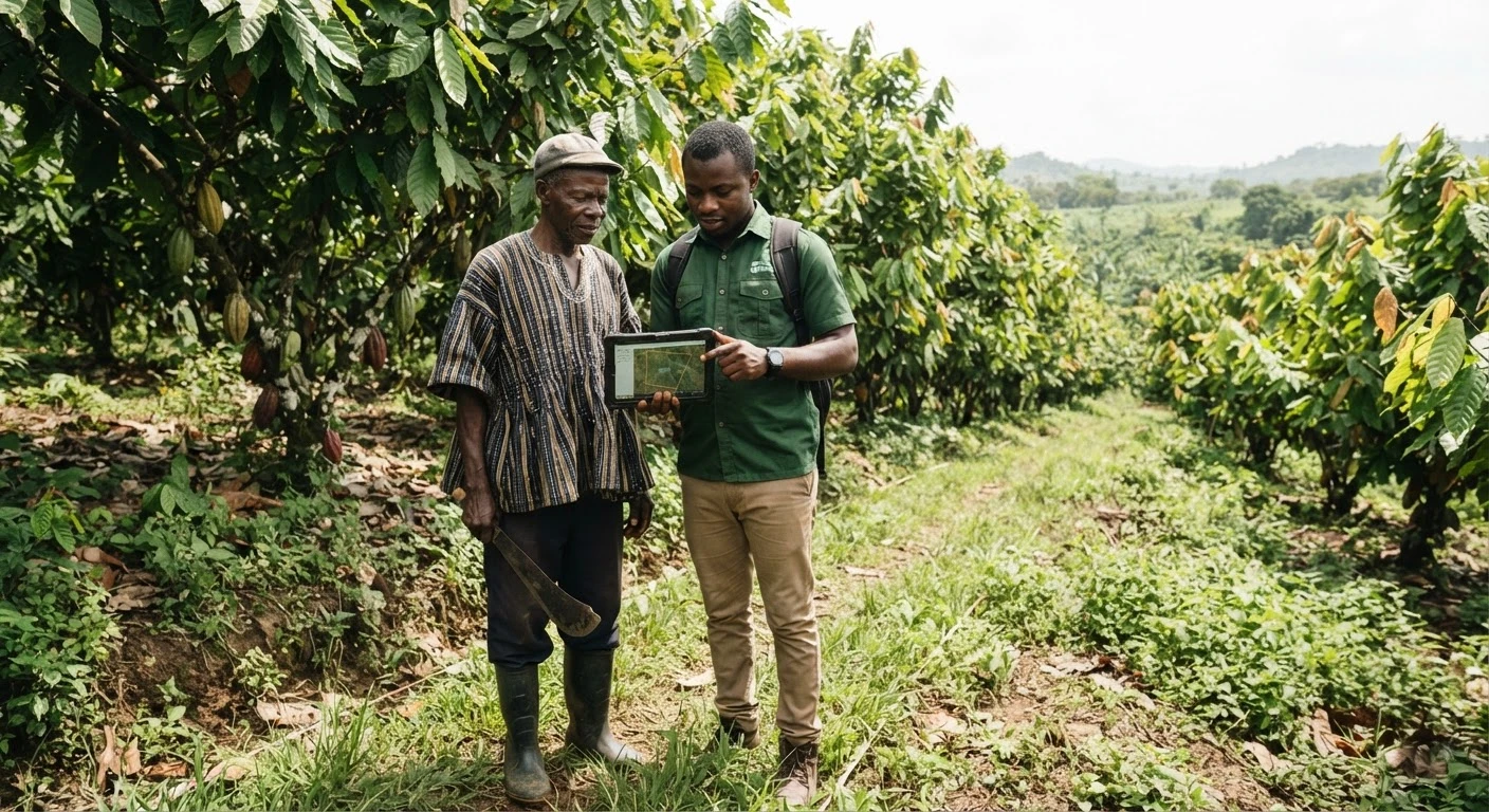 A Ghanaian cocoa farmer and a field technician recording a cocoa plot boundary on a GPS tablet, documentary photograph