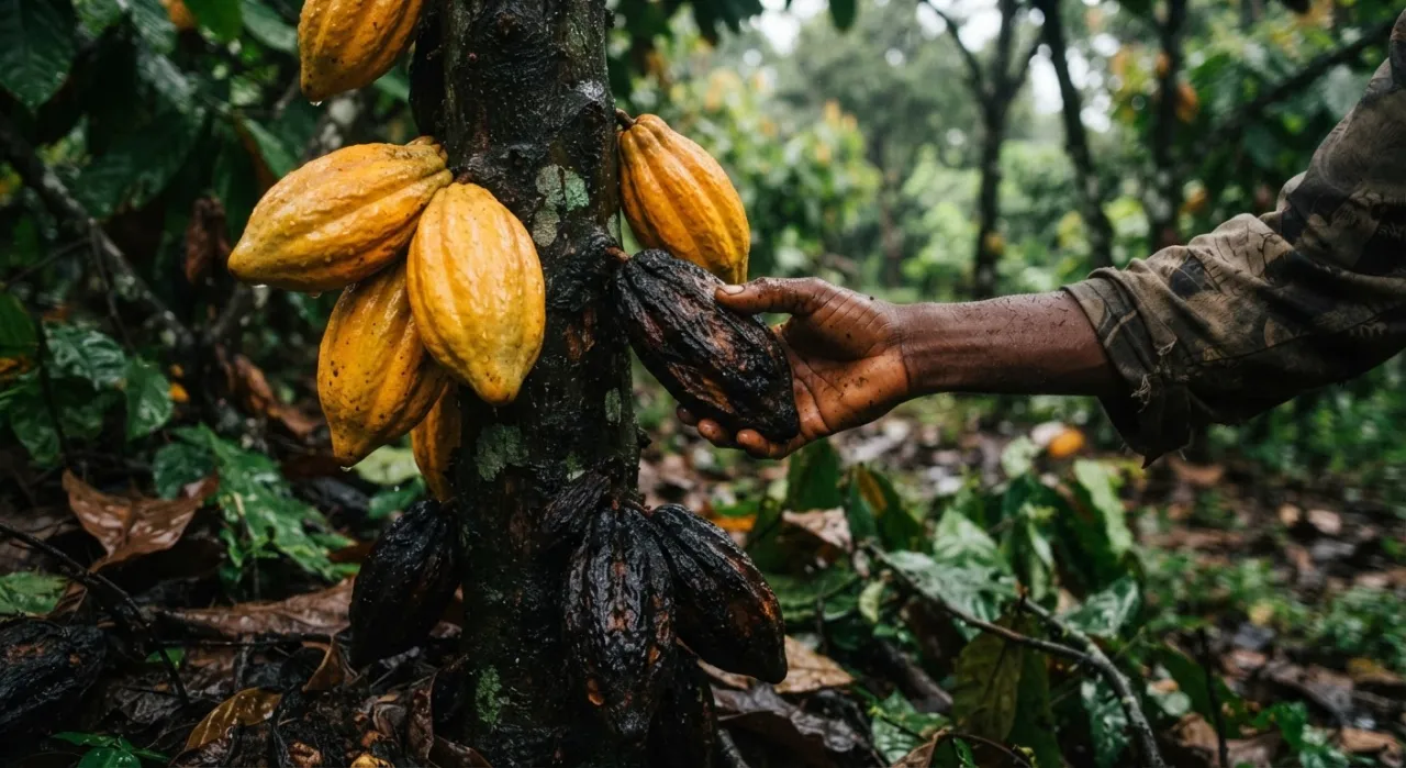 Cocoa pods on a trunk in a humid Ghanaian farm, several blackened by black pod rot beside healthy yellow pods, a farmer’s hand removing an infected pod