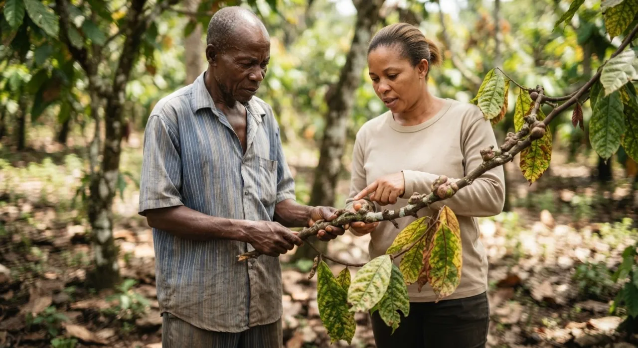 A Ghanaian cocoa farmer and an extension worker inspecting a cocoa branch with swollen stems and red-veined, mottled leaves typical of swollen shoot virus disease