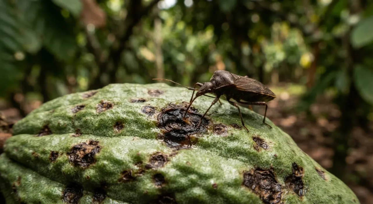 Close-up of a brown mirid insect on a young cocoa pod marked with dark feeding lesions
