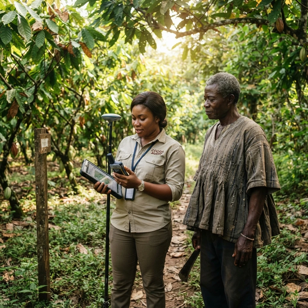 A cocoa sustainability auditor with a GPS mapping device reviewing a plot boundary together with a farmer, documentary photograph