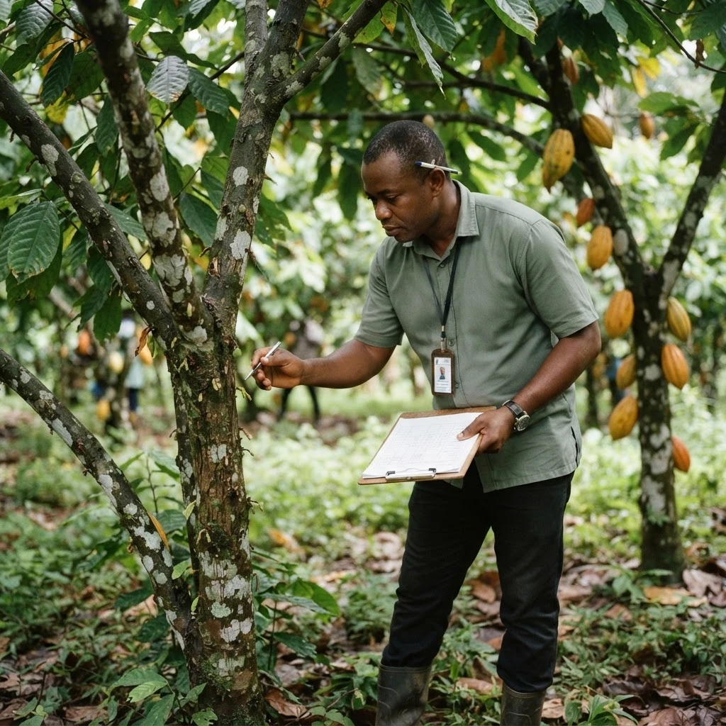 A cocoa disease-surveillance officer examining a cocoa tree trunk in a Ghanaian farm, documentary photograph