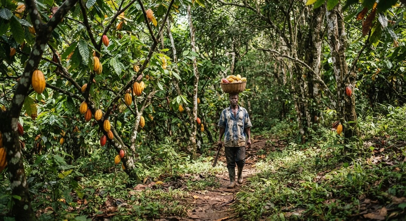 A well-shaded Ghanaian cocoa farm under a canopy of taller forest shade trees, a farmer walking through the understorey, documentary photograph