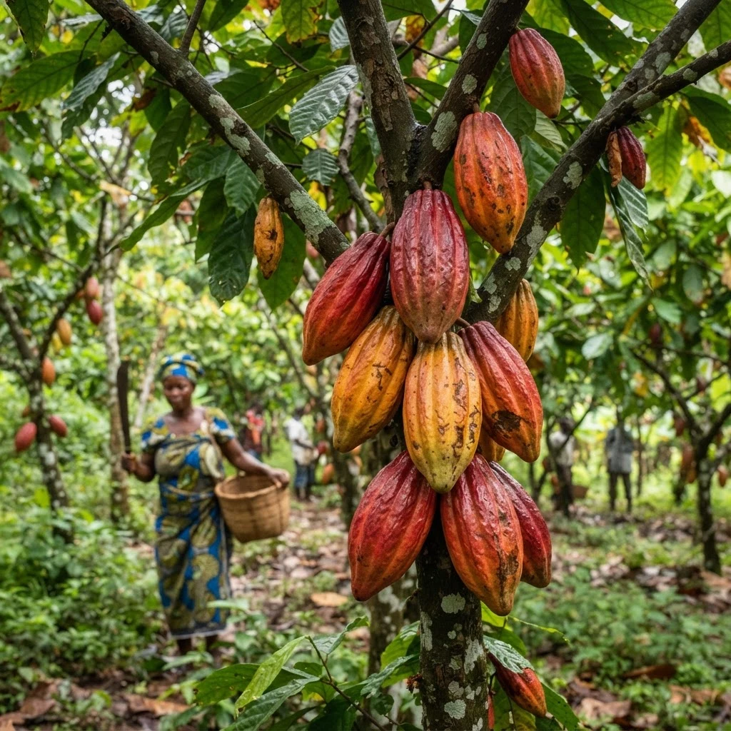 Upper Amazon hybrid cocoa pods in a wide colour range on a tree, a farmer with a machete and basket in the background, documentary photograph