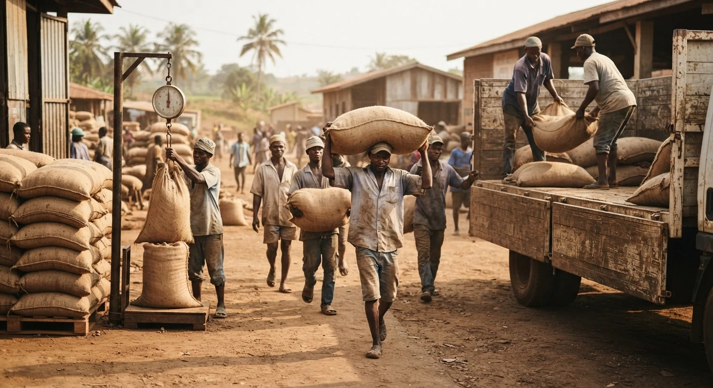 Workers carrying plain unmarked jute sacks of cocoa beans across a busy Ghanaian licensed buying company yard toward a flatbed truck, a hanging scale and stacked sacks nearby, morning light, documentary photograph