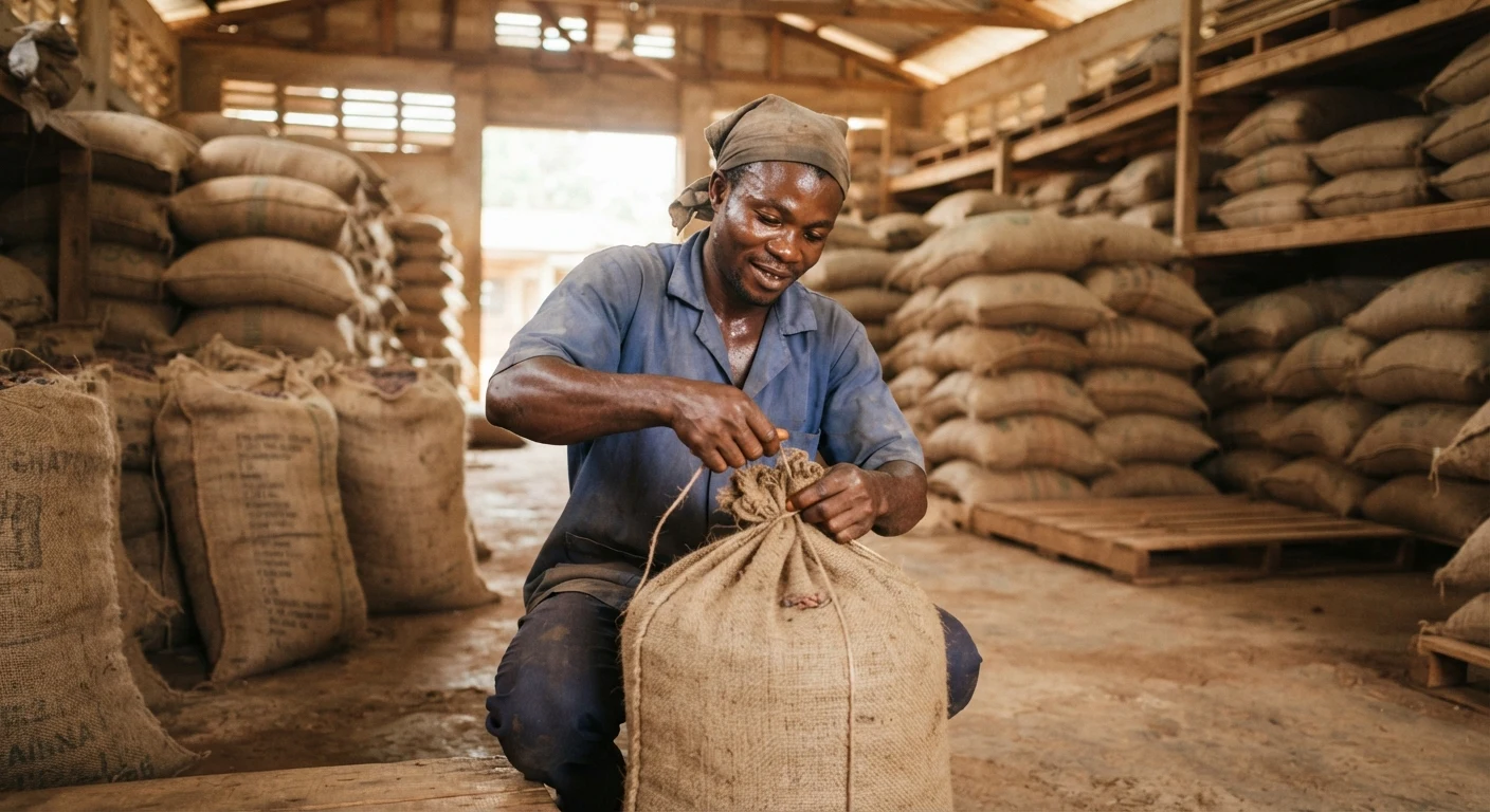 A Ghanaian cocoa cooperative warehouse worker tying closed a plain jute sack of certified cocoa beans by hand in a dedicated storage warehouse, shelves and stacked sacks around him, documentary photograph