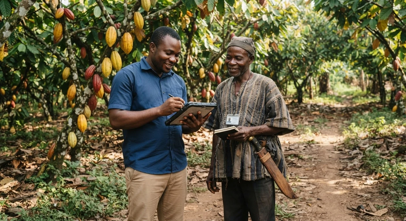 A Ghanaian agricultural field agent entering farmer registration details into a rugged handheld tablet at the edge of a cocoa farm, a farmer standing beside him, cocoa trees with pods around them, documentary photograph