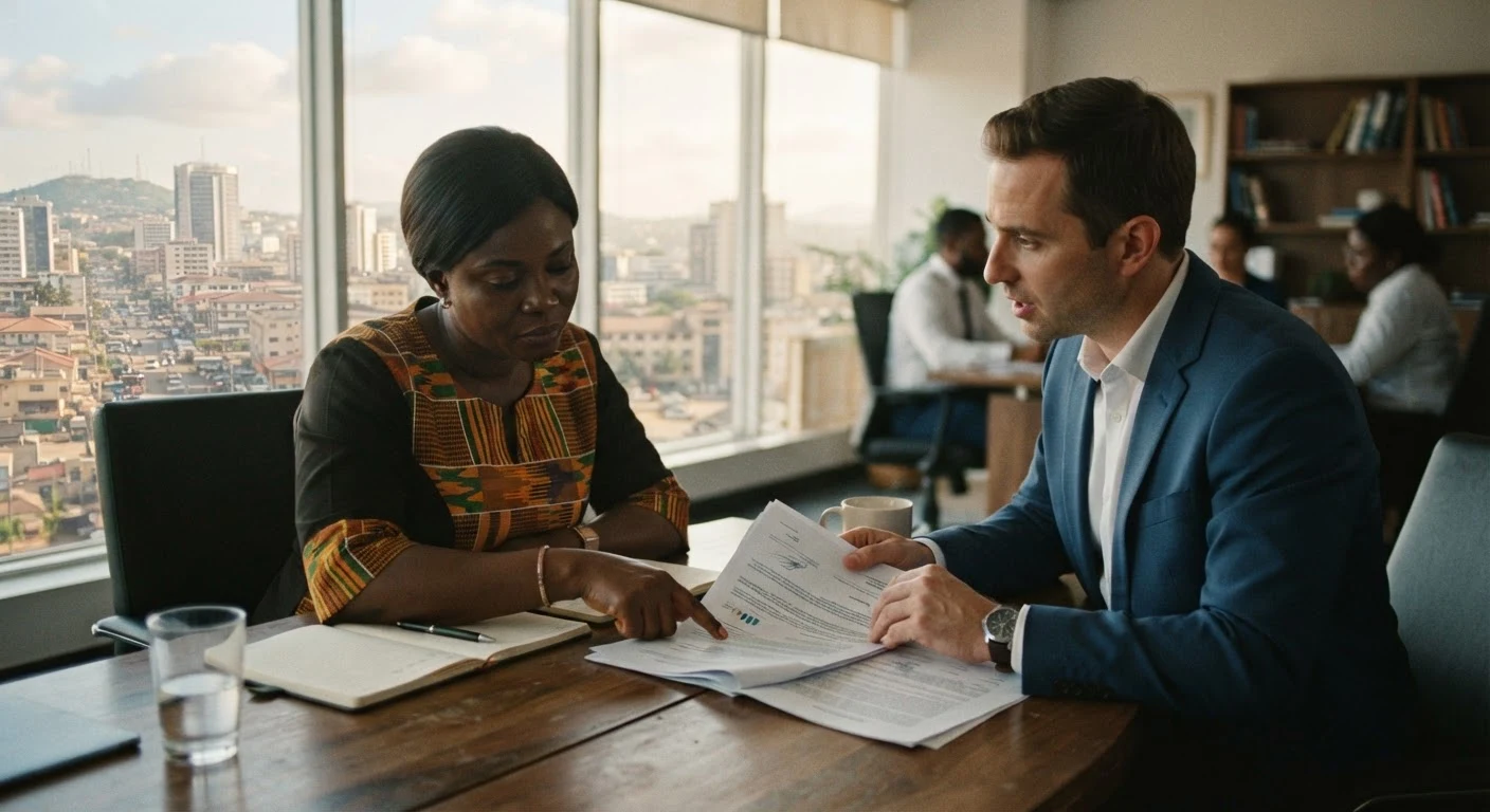A Ghanaian cocoa board finance officer and a bank representative in business attire reviewing a loan agreement document together at a conference table, a window overlooking Accra behind them, documentary photograph