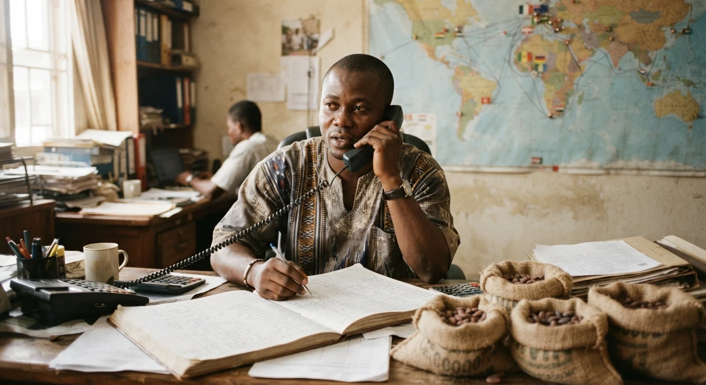 A Ghanaian cocoa export company trading clerk on a landline phone at a cluttered desk, a world map pinned to the wall behind him, sample jute sacks of dried cocoa beans and a ledger book on the desk, documentary photograph