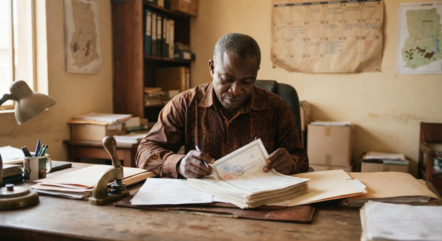 A Ghanaian cocoa export company owner reviewing a thick stack of official certificates and paperwork at a desk, a company seal and manila folders nearby, a calendar on the wall, documentary photograph