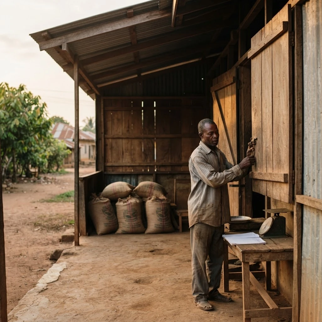 A Ghanaian licensed buying company clerk locking up a purchasing shed at dusk, sacks of beans stacked beside him, documentary photograph