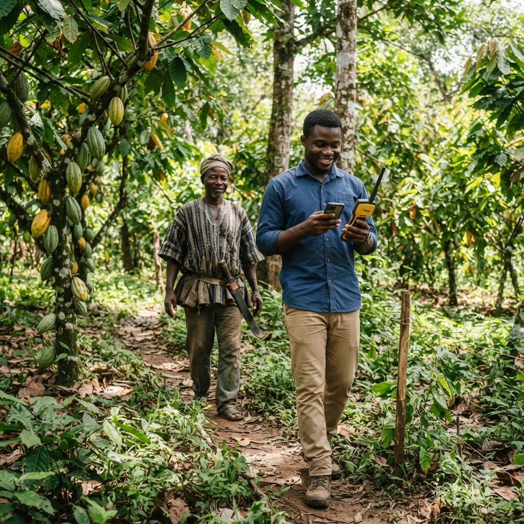 A Ghanaian farmer and a field agent with handheld devices walking together through a cocoa farm path, documentary photograph