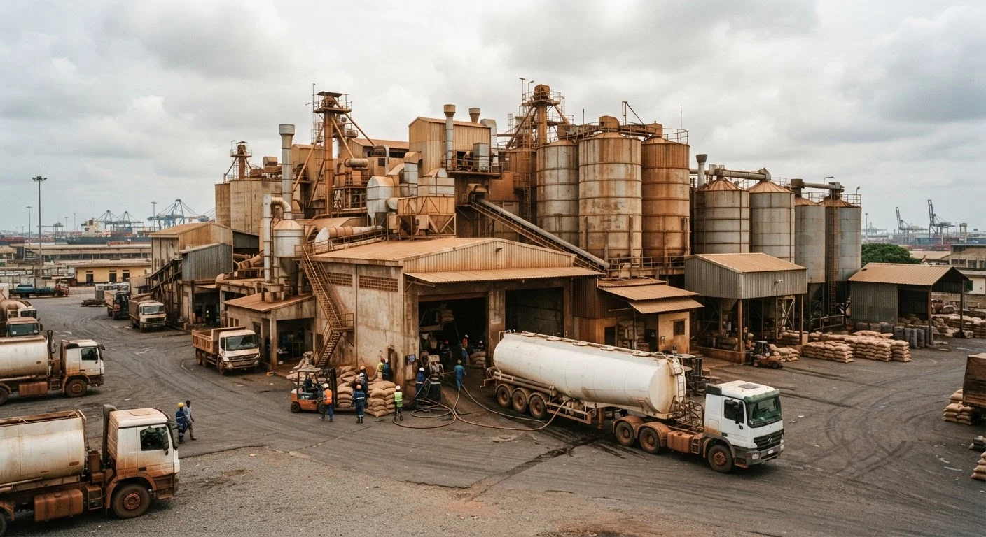 Exterior of a large industrial cocoa grinding and processing plant at Tema, Ghana, storage silos, loading bays and parked trucks, overcast harbour-industrial light, documentary photograph