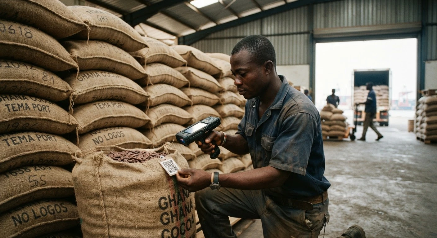 A Ghanaian cocoa export warehouse worker scanning a QR tag on a jute sack of cocoa beans with a handheld device, stacked traceable sacks and a loading bay behind, documentary photograph