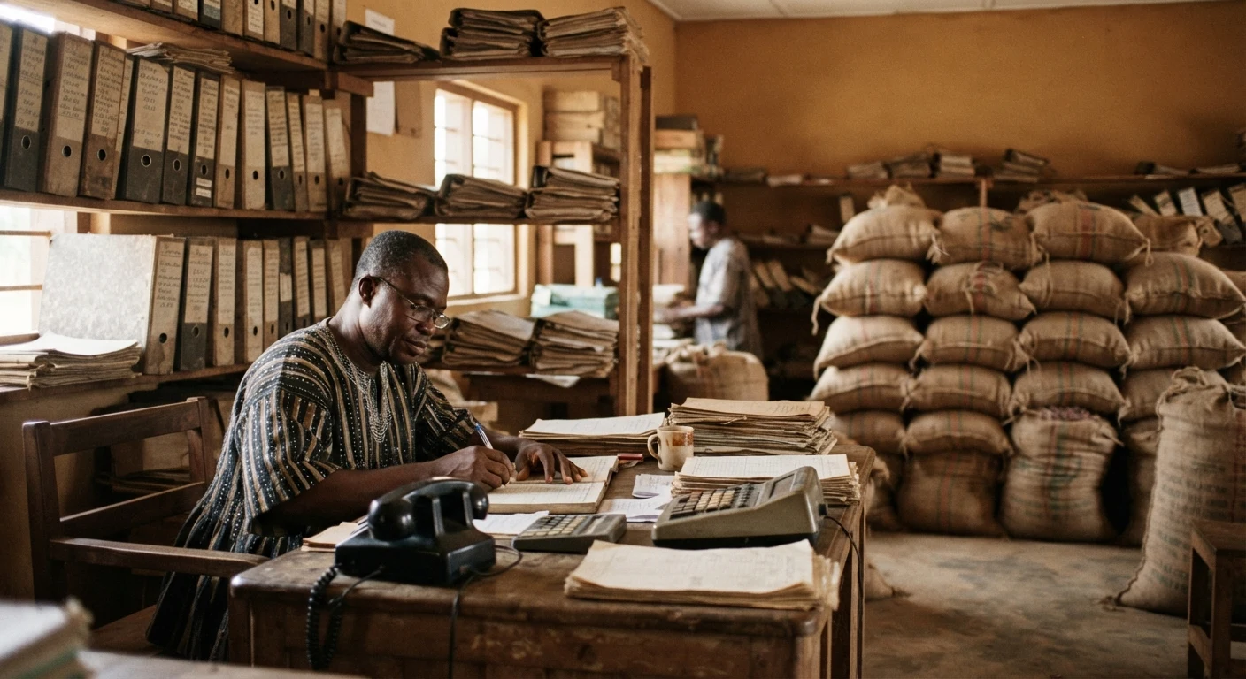 Inside a Ghanaian licensed buying company office, binders of shipping and export documents stacked on shelves, a rotary telephone and calculator on a worn wooden desk, jute sacks of cocoa beans stacked against the wall, documentary photograph