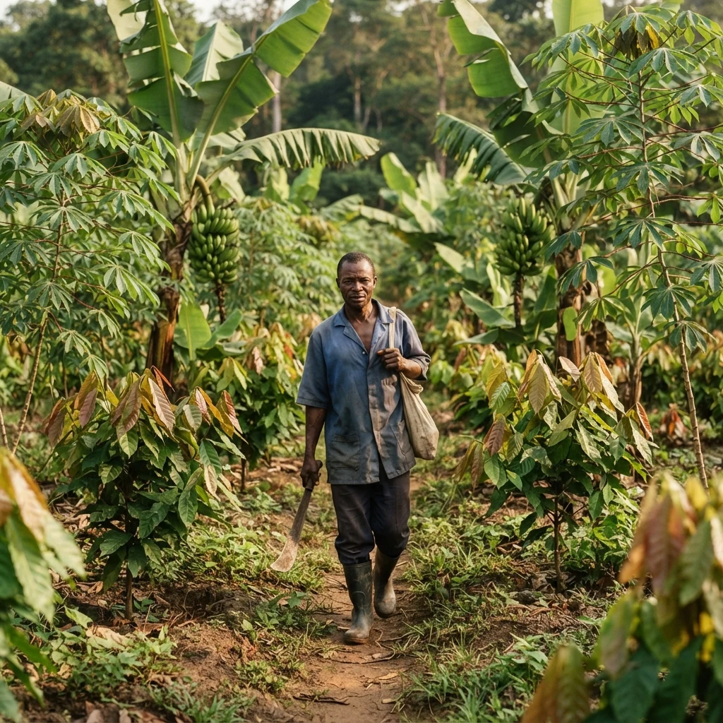 A Ghanaian cocoa farmer walking along a path through a cocoa farm intercropped with banana and plantain, a cutlass in one hand, documentary photograph