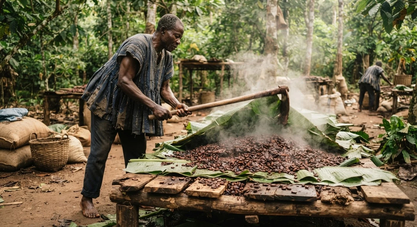 A Ghanaian farmer turning a heap of fermenting cocoa beans covered with banana leaves on a wooden platform, steam rising, documentary photograph