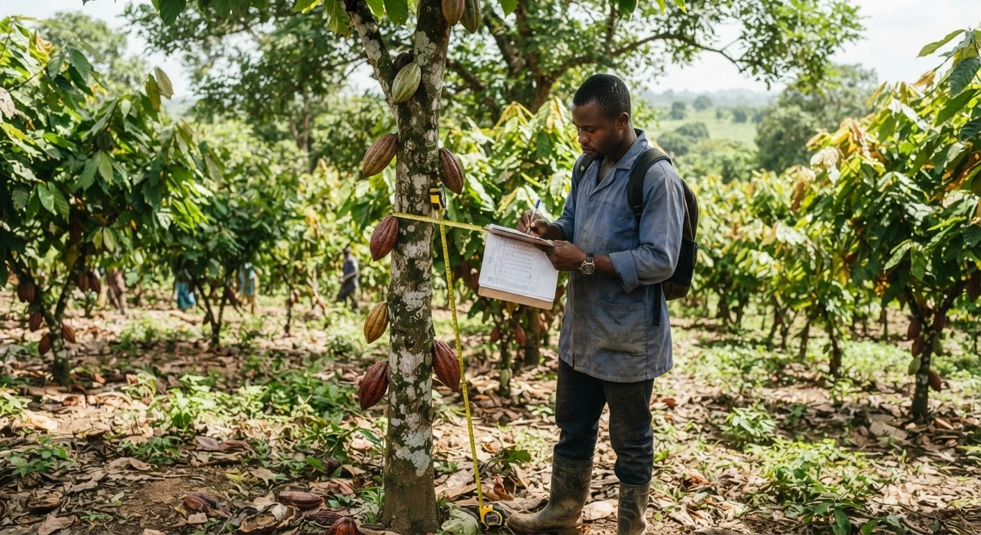 A field researcher with a clipboard and a measuring tape recording tree counts and canopy notes on a Ghanaian cocoa farm, documentary photograph