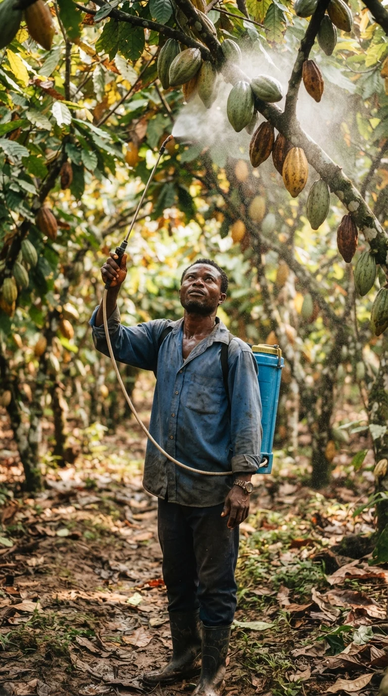 A Ghanaian cocoa farmer wearing a backpack sprayer, spraying fungicide upward onto cocoa tree pods to protect against black pod disease, documentary photograph